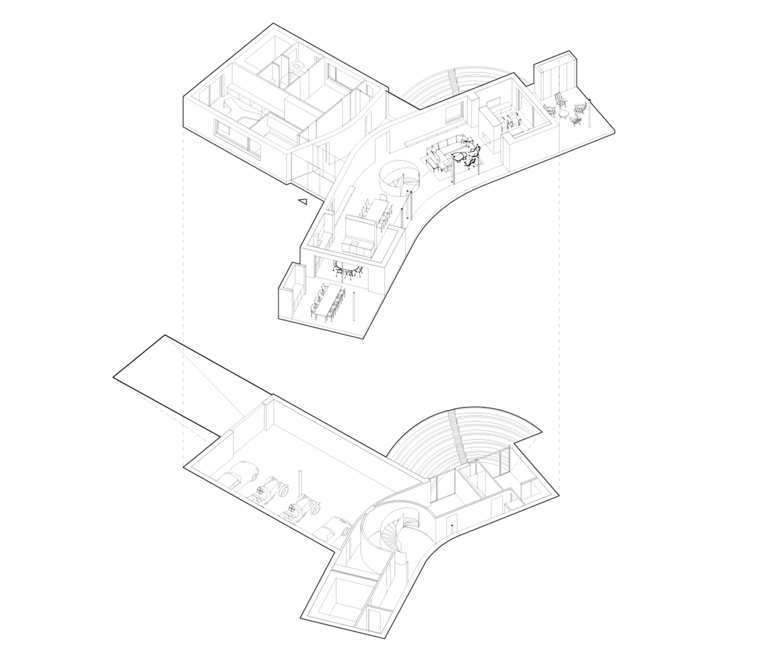 Axonometry ground floor and basement